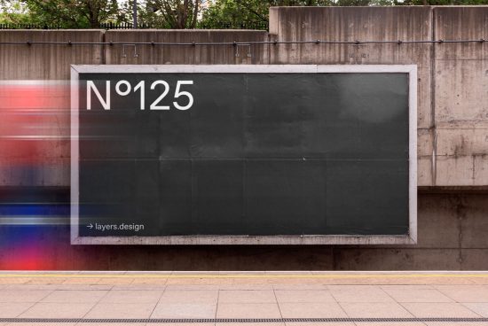 Urban billboard mockup with sleek design on subway station platform for advertising presentation, clear and editable digital asset.