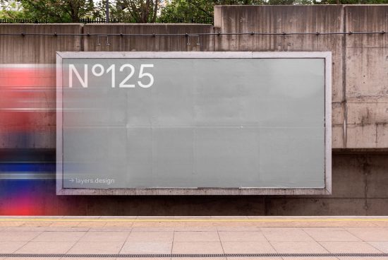 Billboard Mockup for urban advertising at a train station platform with a dynamic blurry train in motion and a clear central design space.