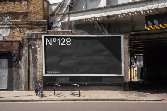 Urban billboard mockup under bridge for poster design presentation, surrounded by textured brick walls and metallic structure.
