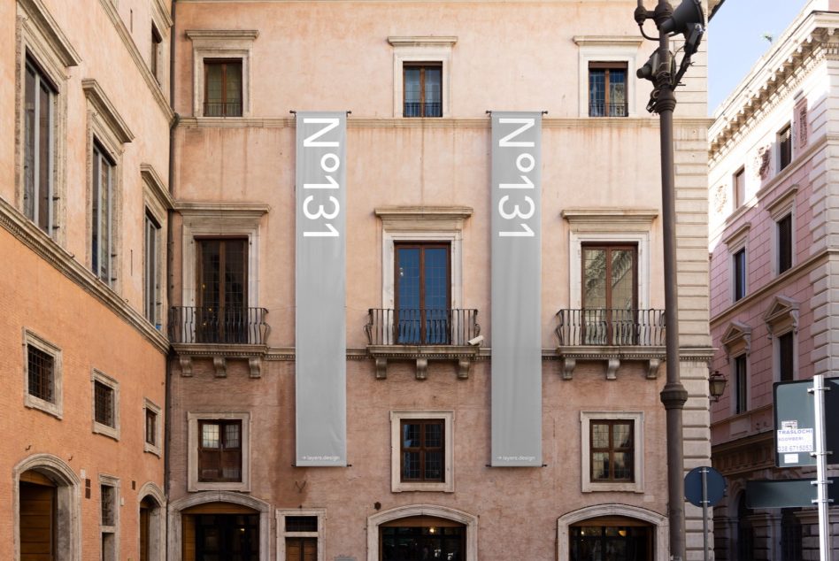 Vertical banner mockups on historic building facade with N°131 in white text