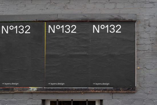 Outdoor billboard mockup for advertising, showcasing three No 132 font examples on textured background for graphic design assets.