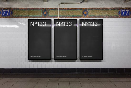 Three blank billboards in subway station mockup for advertising, graphic design display, realistic urban template.