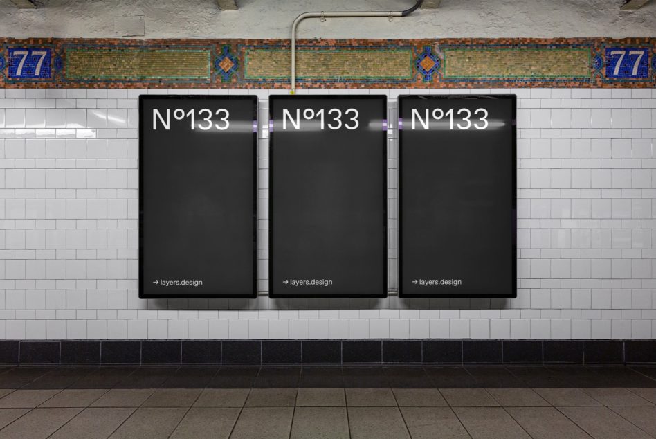 Three blank billboards in subway station mockup for advertising, graphic design display, realistic urban template.