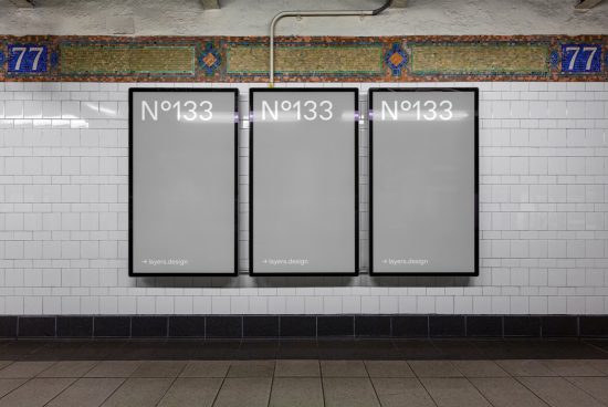 Subway station poster mockups on tiled wall for designers to display ads and designs, featuring a realistic urban background.