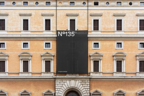 Building facade mockup template with blank black banner for design presentation, classical architecture, designers' digital asset.