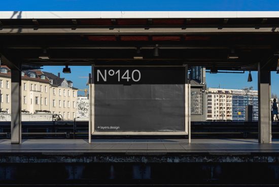 Urban billboard mockup at train station platform with clear sky, ideal for advertising designs and templates display.