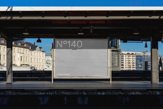 Urban billboard mockup at a train station platform for outdoor advertising design, clear blue sky, daytime setting for graphic designers.