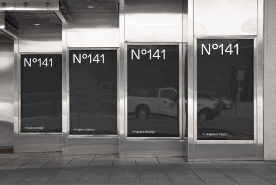 Street level store mockup showing three identical glass doors with address signage, suitable for storefront design presentations.