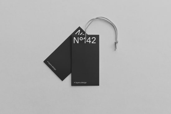 Elegant black tag design mockup on gray background, minimalist style, suitable for branding and product presentations for designers.