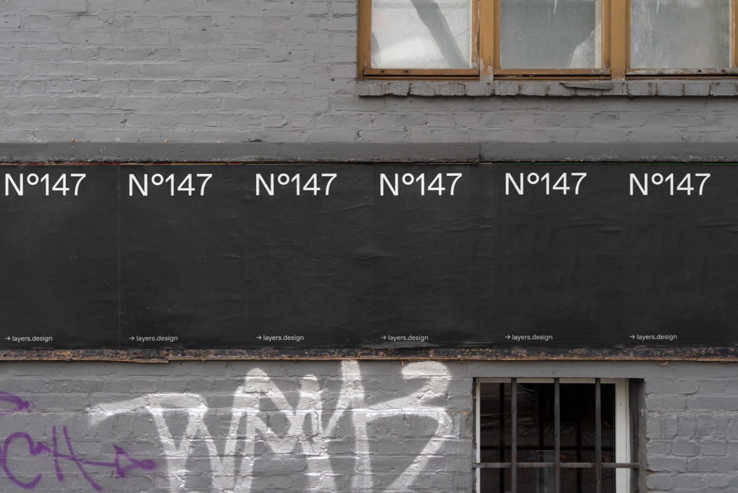 Urban wall with repetitive typography design, window detail, and graffiti, suitable for mockup background or texture graphic resource.