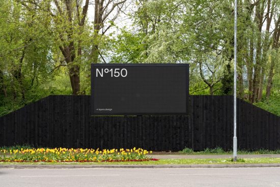 Outdoor billboard mockup in natural setting with trees and flowers, ideal for realistic advertising presentations, graphic design.