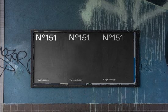 Urban billboard mockup with graffiti on a textured blue wall, ideal for realistic street advertising presentations and graphic displays.
