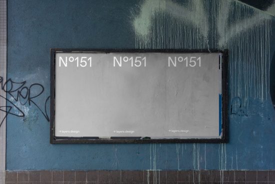 Urban billboard mockup on a blue textured wall with graffiti, ideal for presenting street posters and advertising designs to clients.