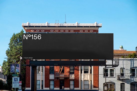 Urban billboard mockup on a building facade for advertising design presentation, clear blue sky, editable template for designers.