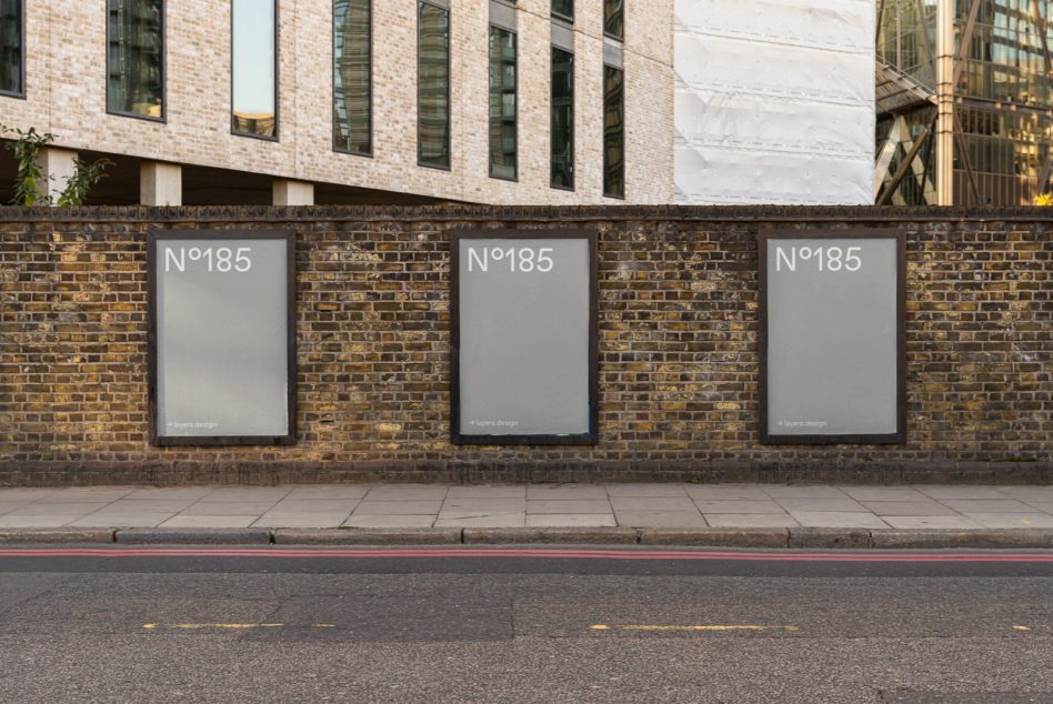 Urban poster mockup on brick wall for design presentation, advertising space display, graphic design portfolio, with street context, for designers.