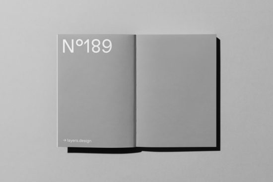 Open magazine mockup on gray background showing left page with large number 189 in modern font, suitable for design presentations.