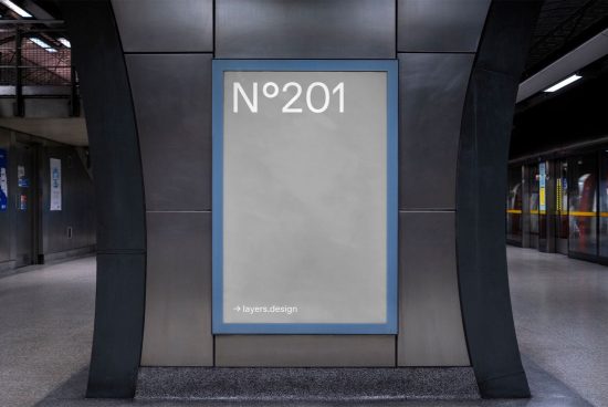 Urban subway station poster mockup for advertising with metallic frame, empty blank billboard space, and modern architecture details.