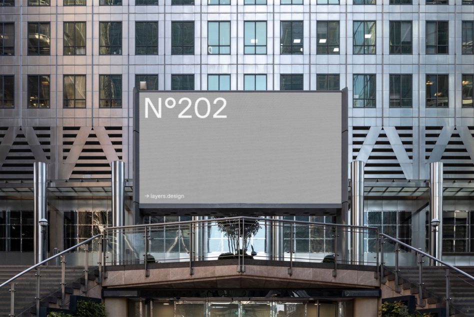 Urban billboard mockup on modern building for displaying design work, with clear textures and realistic surroundings, ideal for designers.