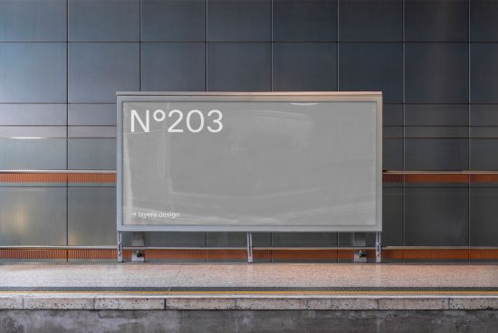 Empty billboard mockup at a bus stop, modern city background, designer asset for outdoor advertising presentation.