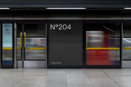 Modern subway station mockup with dynamic train motion, sleek advertising panel design, urban transport template. Perfect for presentations and portfolios.