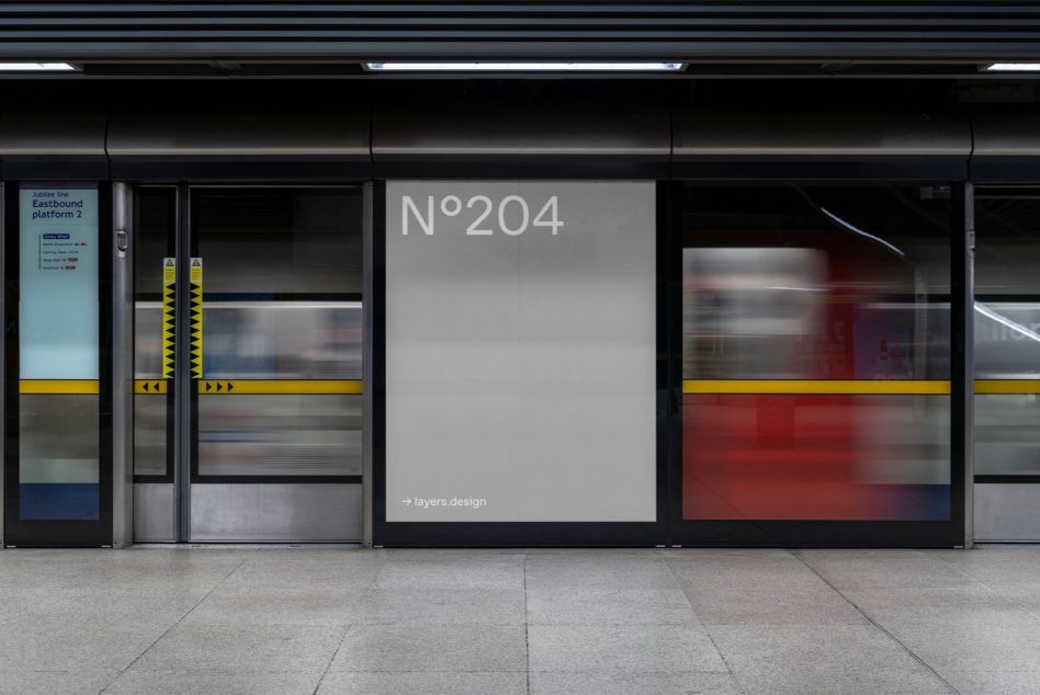 Urban subway station advertisement mockup with blurred train movement, showcasing poster space for designers' graphics display.