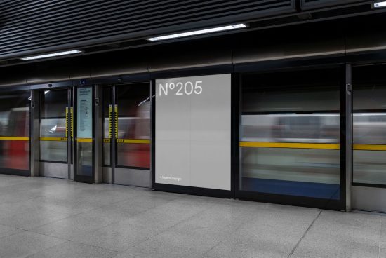 Subway station advertisement mockup with blurred train movement, suitable for designers to showcase posters or ads in a realistic urban setting.
