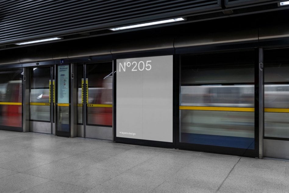 Train station platform billboard between glass doors with light background, N°205