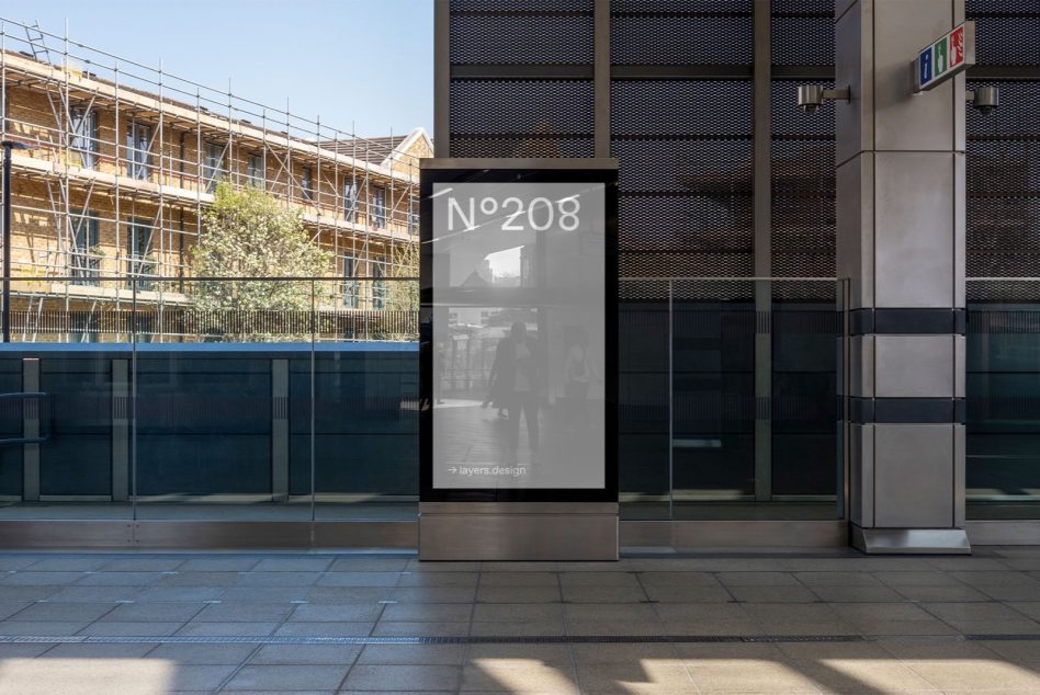 Vertical street sign N°208 on modern storefront with construction site backdrop