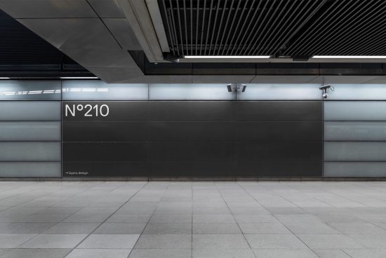 Modern subway station wall with sleek design number 210, suitable for cityscape graphics or urban mockups for designers.