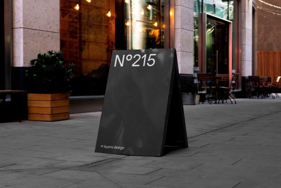 Urban street sandwich board mockup for outdoor advertising, realistic city environment, editable layers for design customization.
