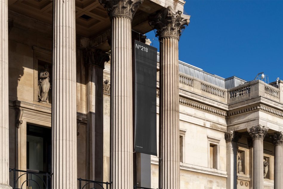 Classical architecture detail with columns and banner mockup, clear sky, perfect for historic mockup designs, realistic template background.