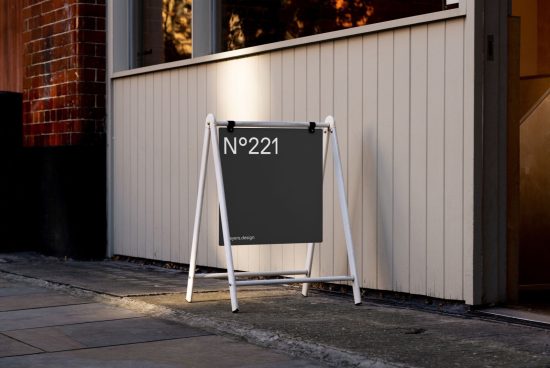 Elegant street sign mockup standing on sidewalk with modern design for showcasing branding projects and fonts, perfect for designers.