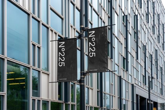 Modern urban street banners mockup on office building facade for designers to display advertising designs, suitable for graphic templates category.