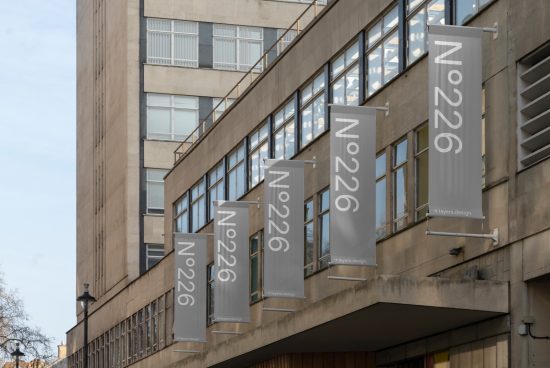 Modern building banners mockup for outdoor advertising design, clear urban template, layered PSD graphics for designers.