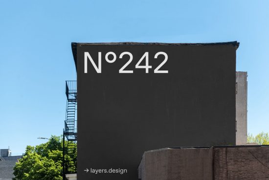 Urban building wall mockup with bold font number 242 in daylight for outdoor advertising and logo presentation, designers resource.