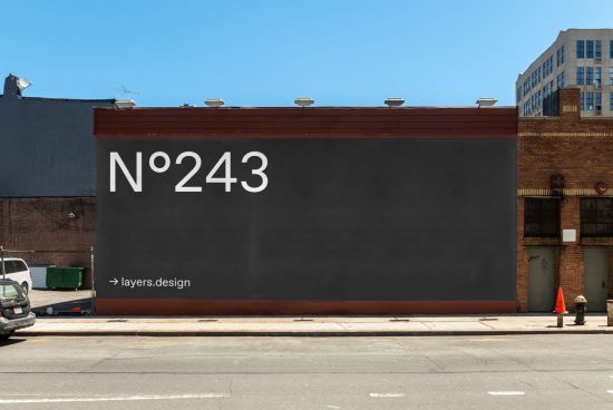 Urban billboard mockup with large number on building facade for outdoor advertising design showcase, clear sky, street view with parked cars