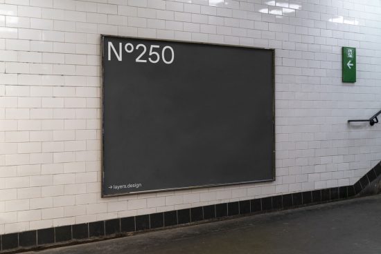 Empty black billboard mockup on white tiled wall, editable graphic design template, subway station advertisement space.