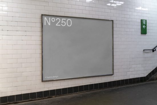 Blank billboard mockup in subway station for poster design presentation, urban advertising space, white tiled wall, designers asset.