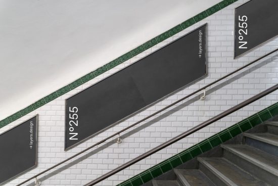 White tiled staircase with green trim leading to mockup subway signs for designers to replace text, ideal for graphics and templates.