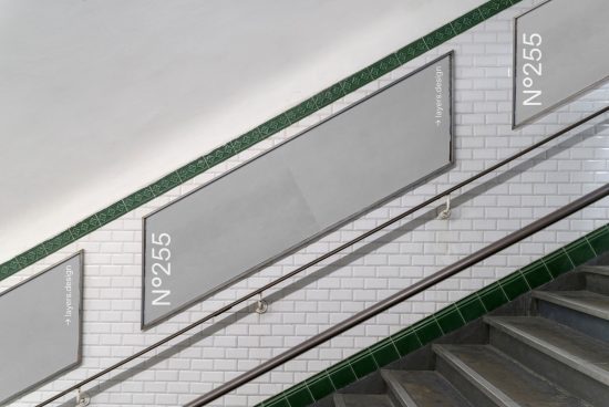 Staircase mockup design with clean subway tiles and poster frames, perfect for interior design presentations and portfolio showcases.