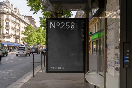Urban bus stop with blank billboard mockup for poster advertisement design in a city street setting, clear view and daylight.