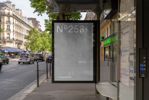 Urban bus stop billboard mockup in daylight with city background for outdoor advertising and poster design presentations.