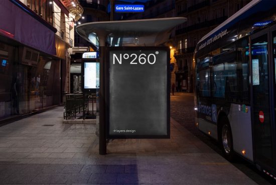 Urban bus stop billboard mockup at night with an electric bus, city lights, and blank advertising space suitable for graphic design presentations.
