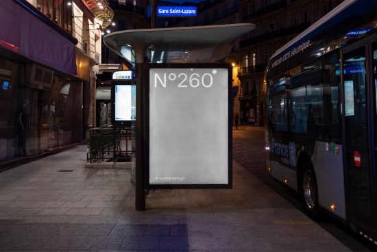 Urban bus stop billboard mockup at night with electric bus, ideal for advertising design presentations, cityscape background, layered design.