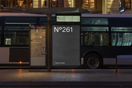 City bus stop at night with a blank advertisement mockup designers can use for showcasing ad designs, visible bus, urban setting.