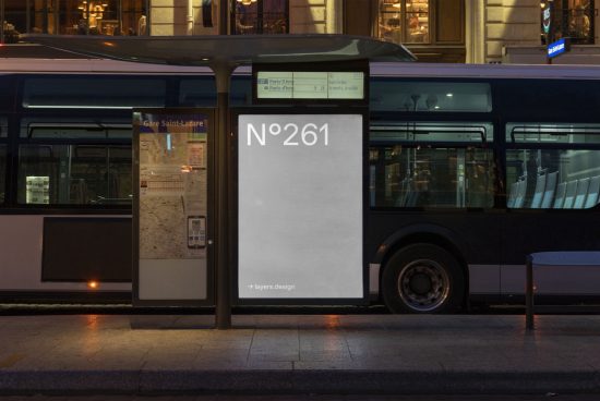Urban bus stop billboard mockup at night for outdoor advertising design presentations, featuring a city background with bus.