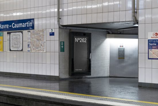 Subway station interior with advertisement display, tiled walls, signage, and platform edge for urban mockup.