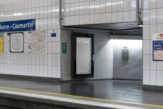 Empty subway station advertisement billboard mockup, metro interior, tiled wall, platform design, urban public transport, marketing display.