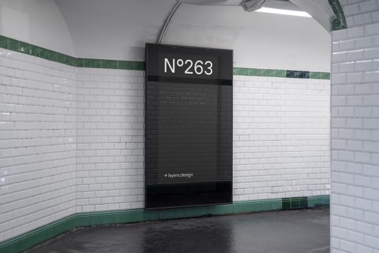 Subway station mockup display with number 263 sign, white tiled wall, designers' ad space template.