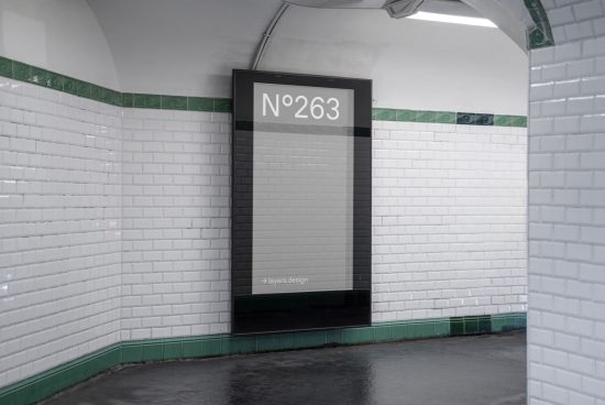 Subway station poster mockup in a tiled wall setting for urban advertising, editable graphic design template.